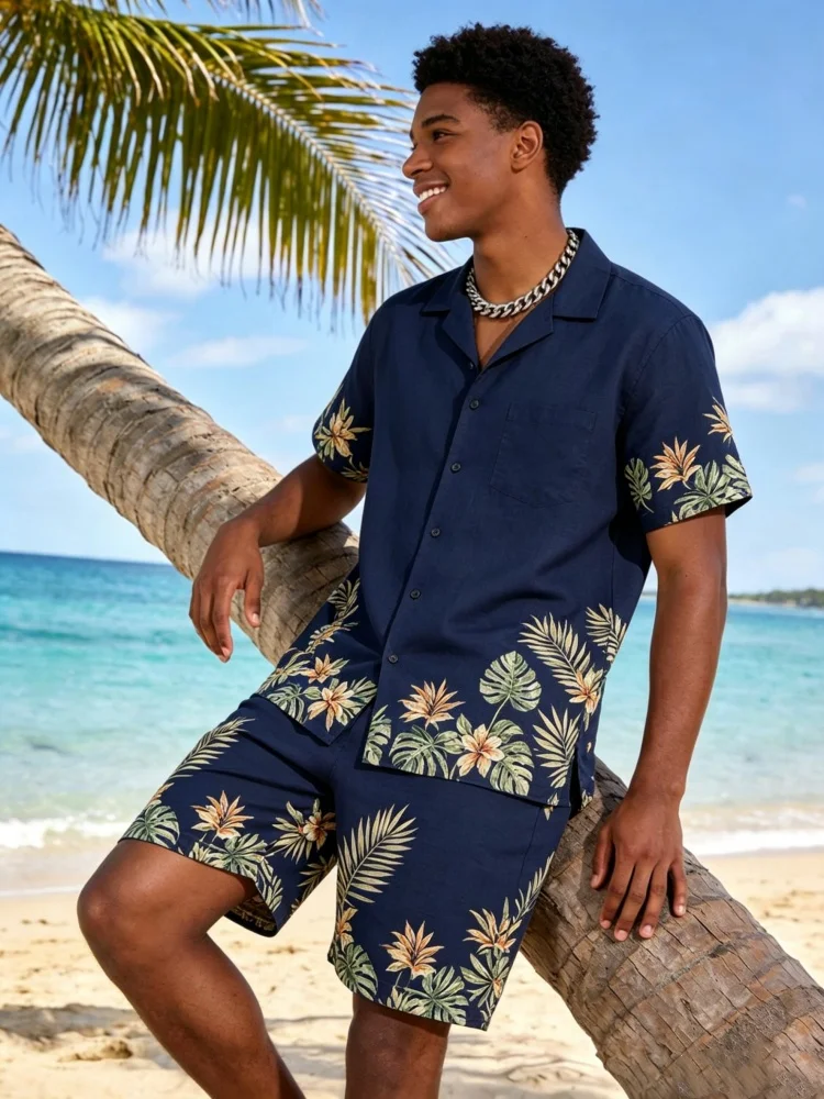 

Men's Short Sleeve Lapel Shirt & Shorts Set, Loose Comfort Tropical Print Casual Summer Outfit