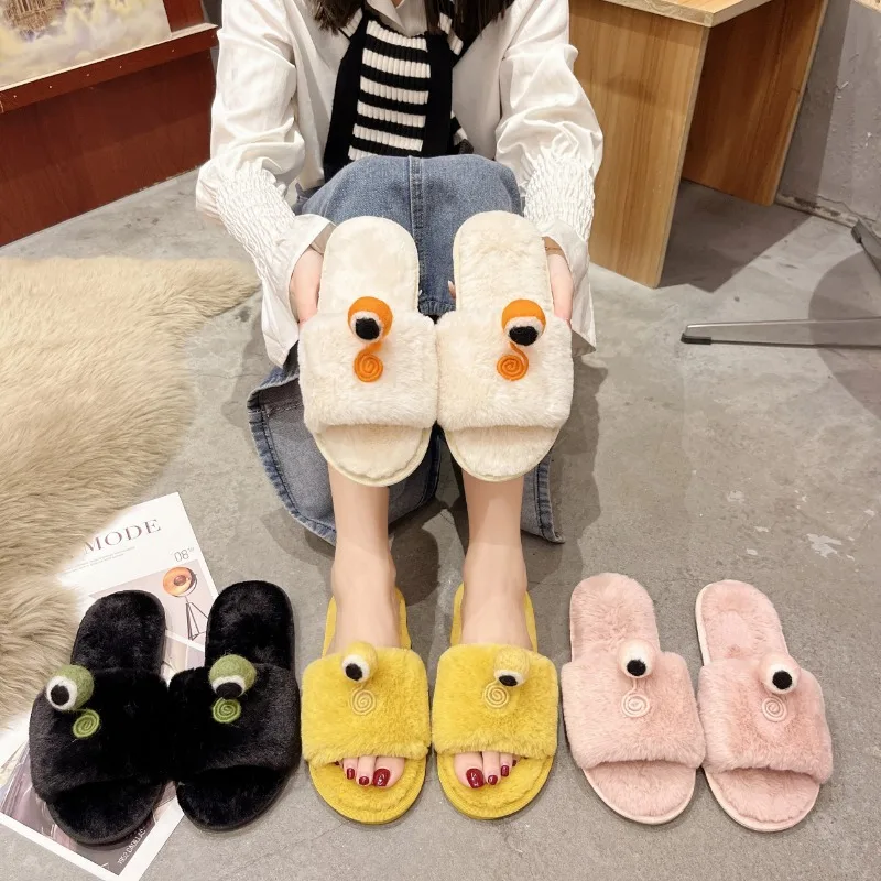 

2025 Winter New Women's Versatile Flat Non-Slip Home Warm Slippers Fashion Cartoon Eyeball Decoration Women's Cotton Slippers