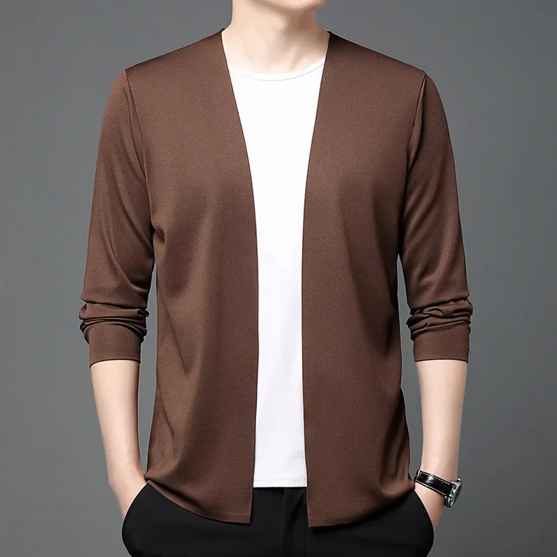 

Новый бесшовный повседневный кардиган, мужская однотонная куртка, универсальная для людей среднего и молодого возраста, модная дышащая рубашка