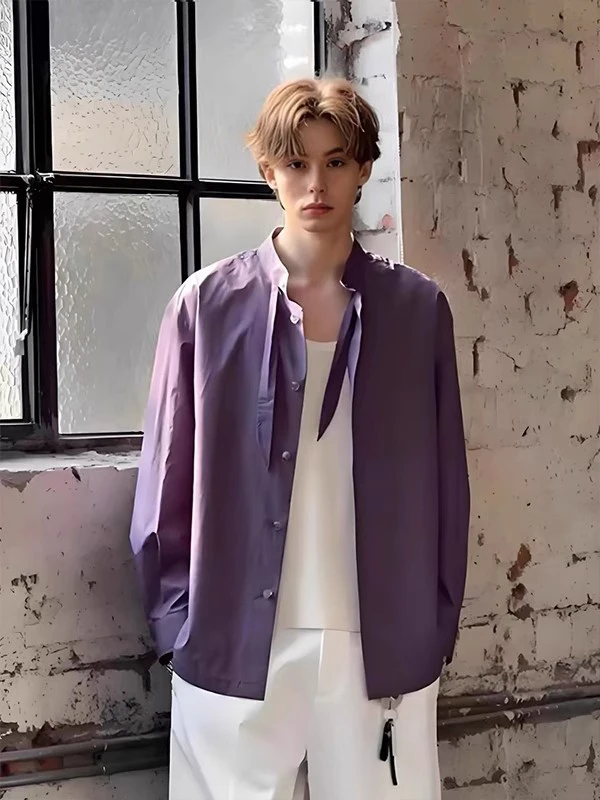 

Модная фиолетовая рубашка с длинным рукавом для мужчин, летняя, тонкая, с защитой от солнца, повседневная, с модным дизайном, свободного кроя, из хлопка.