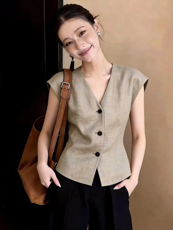 

Elegant Khaki Color Business Shirt Women's Sleeveless Top Fashionable Commute Style High End Fashion Trend Summer New Workwear