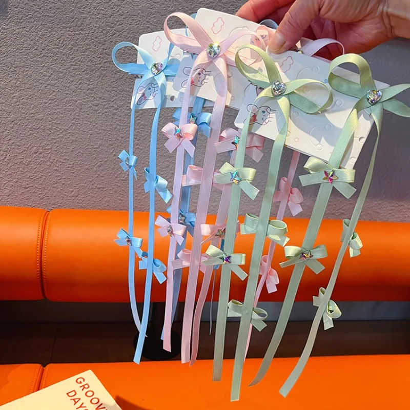 

Корейские модные заколки для волос с длинными лентами и стразами для девочек: милые, стильные, для плетения кос, с лентами и стразами, модные заколки-зажимы