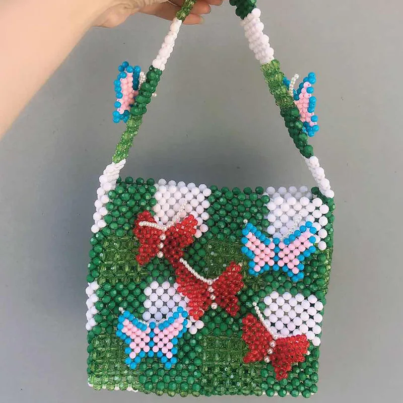 Butterfly Pattern Green Women Portable Bag Beaded Acrylic Fashion Hand Simple Handheld Wave New Mujer Summer Beach Customized