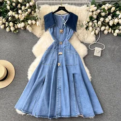 New Denim Women Summer Long Dress Single Breasted Big Trun Down Collar Waist Slimming Temperament Split Party Casual Vestidos