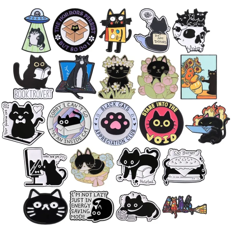 24Styles Black Cats Enamel Pins Cute Bookworm Kitten Paw Brooches Bookish Badge Sunflower Witch Broom Jewelry Gift for Friends