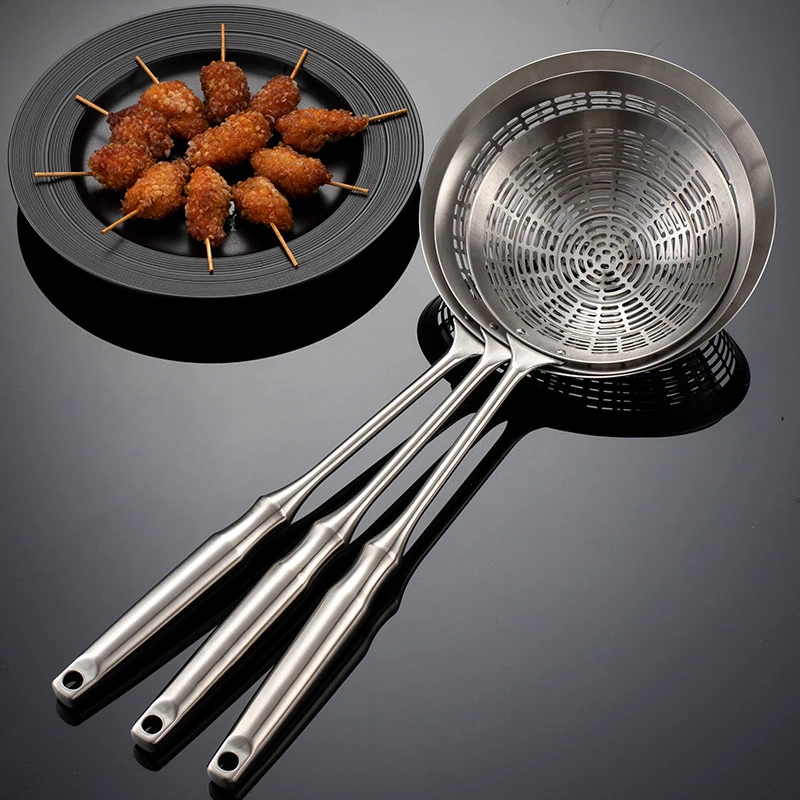 3 Sizes Round 304 Stainless Steel Strainer with Long Handle Kitchen Sieves Scoop Hot Pot Oil Filter Colander  Cooking Tools