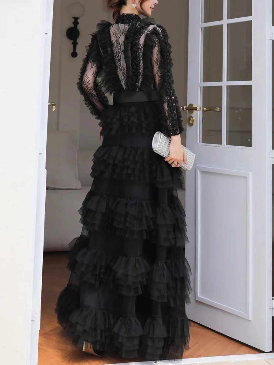 CHICEVER Spliced Lace Hollow Mesh Dresses for Women Stand Collar Long Sleeves High Waist Slim Spliced Sashes Party Dress Female
