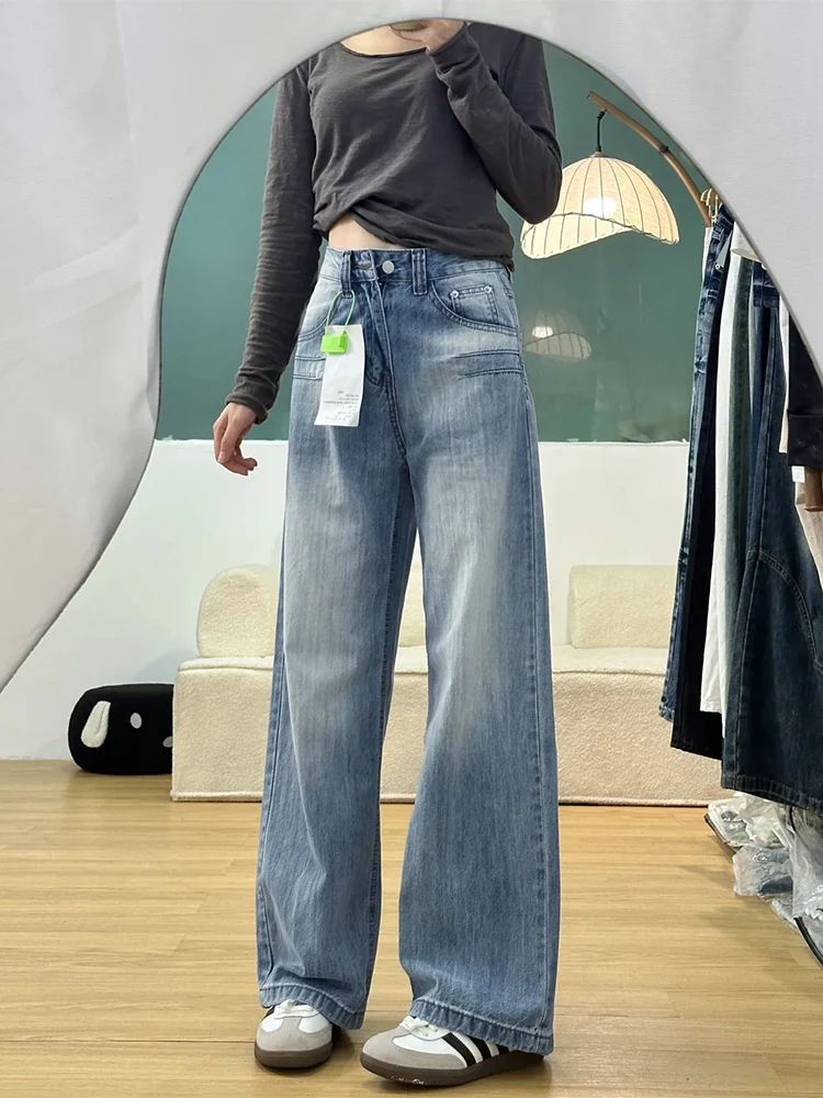 

Retro High Waist Wide Leg Jeans Women's Pear Shape plus Size Loose Straight Drapey Floor-Length Pants Tummy Control Slimming