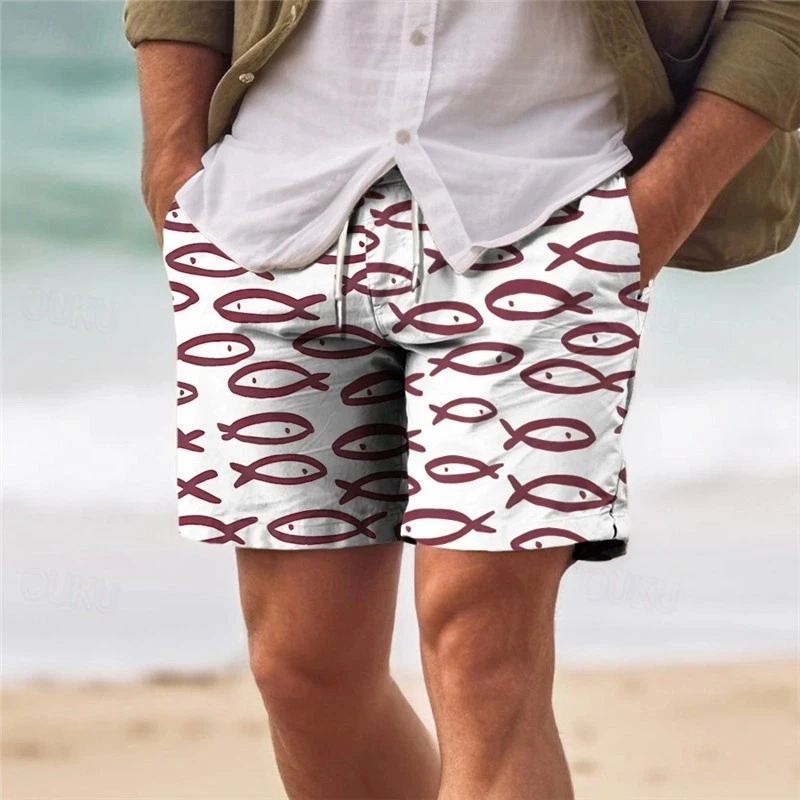 Stick Figure Cartoon Fish Graphic Summer Beach Short For Men Sea Hawaii Vacation Casual Swim Trunks Street Casual Cute Shorts