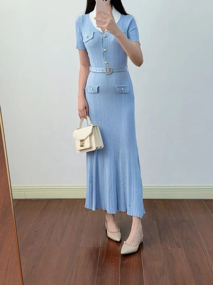 French style small floral checkered collar knitted dress for women with a fitted waist and drawstring hem. 2026 new design.