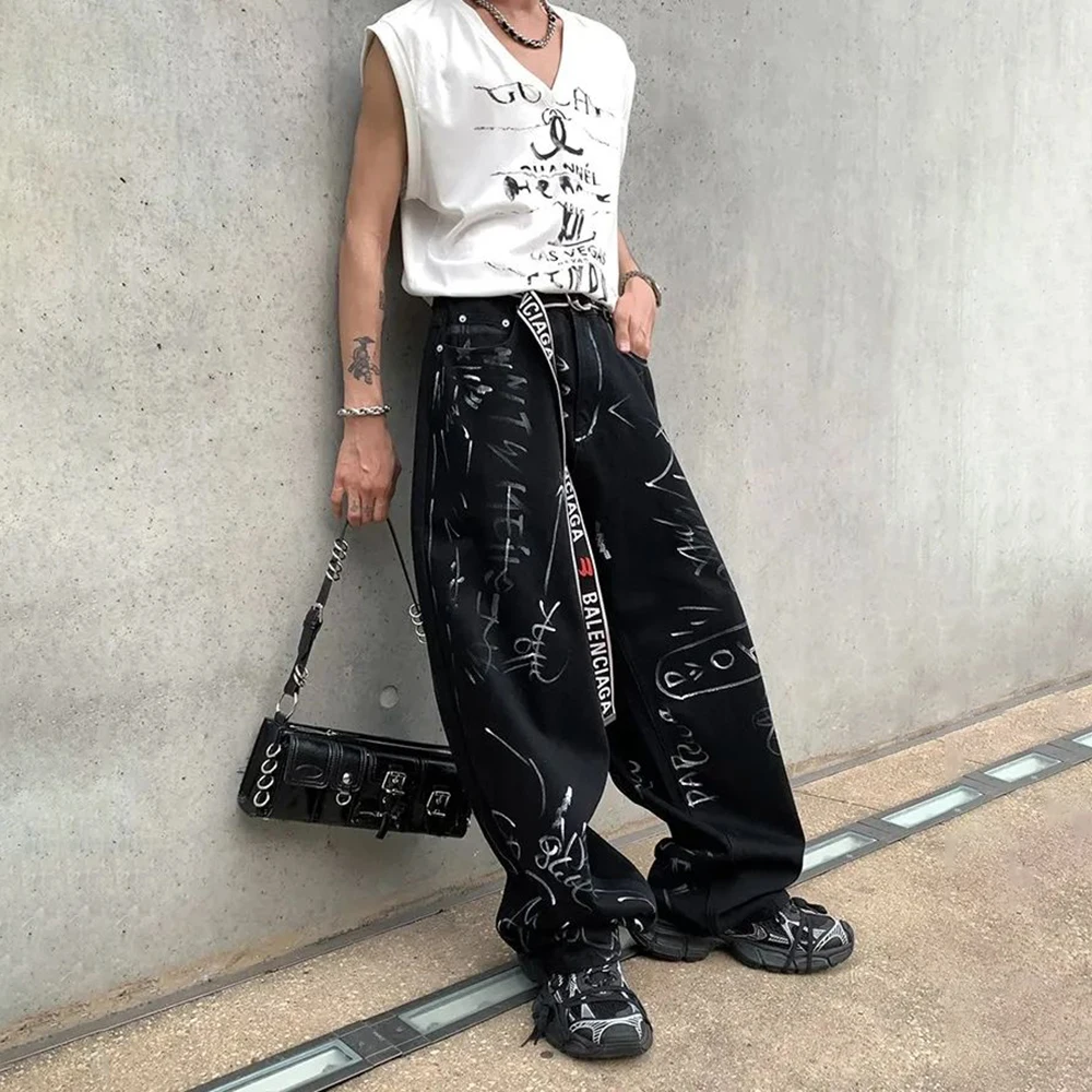 

2024 Spring And Autumn Men's Casual Pants Fashionable Trendy Y2k Hip-Hop High Street Graffiti Printed American Vintage Trousers