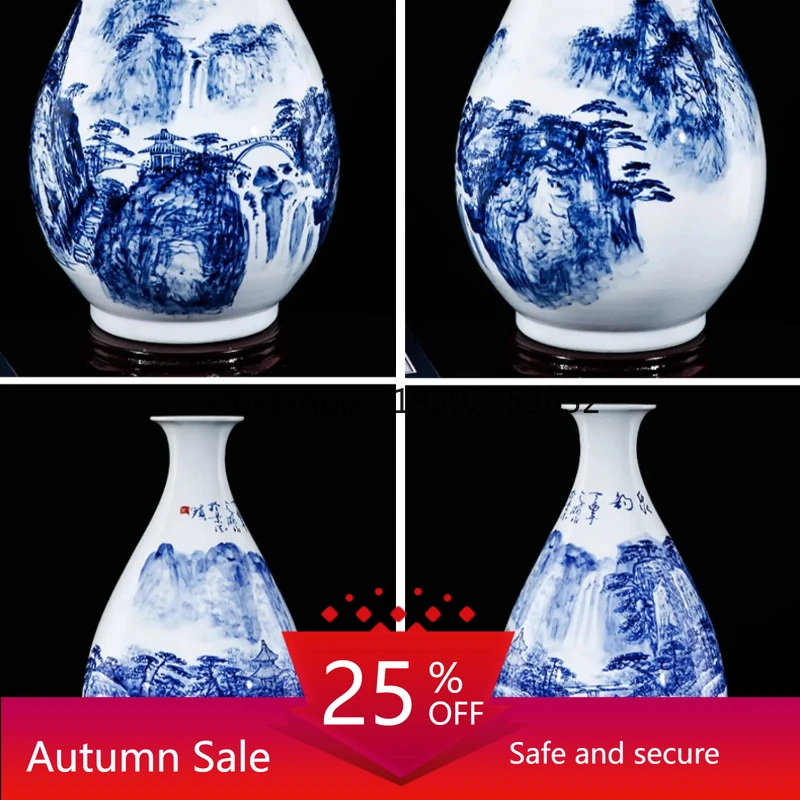 

Ceramic Small Vase Blue and White Porcelain Hand-painted Peony Lotus Landscape Ornament Decoration