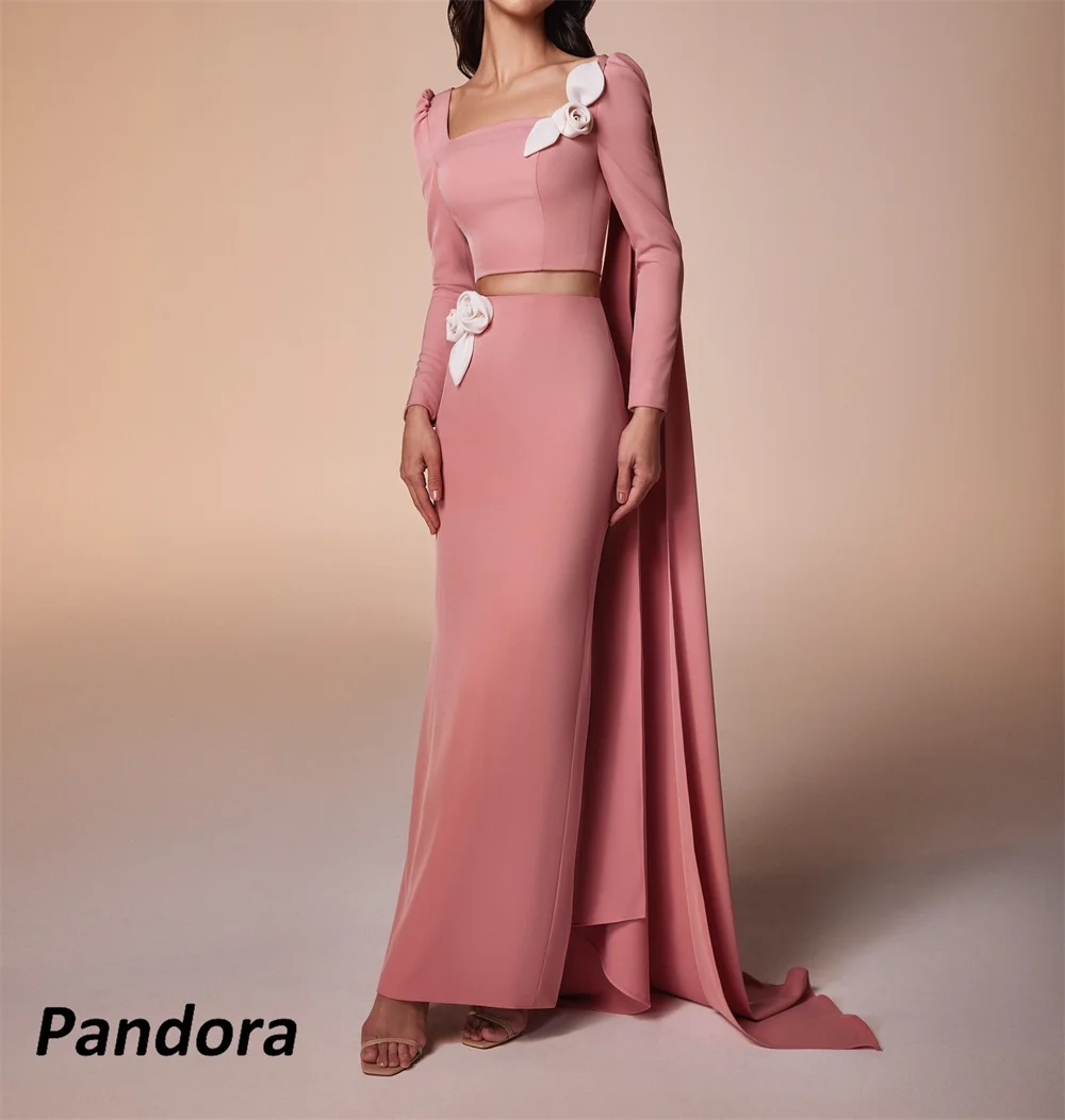 Pandora Square Collar Two Pieces Dubai Prom Dress Cape Shawl Evening Dress With 3D Flowers Women Wedding Party Formal Gowns 2024