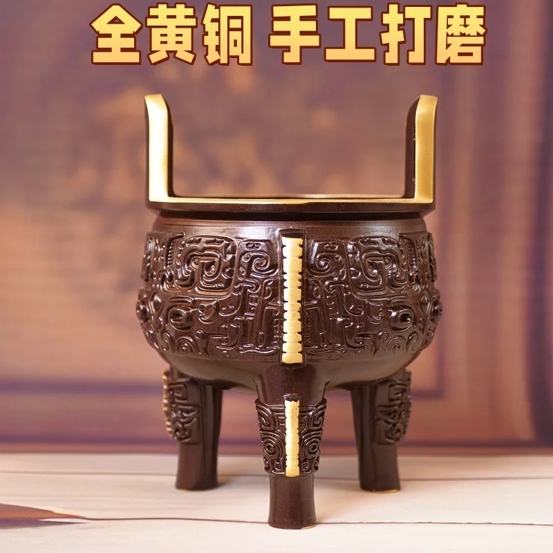 Cross-border, in-stock, exquisite round – a Chinese-style three-legged bronze tripod for office or entryway decora