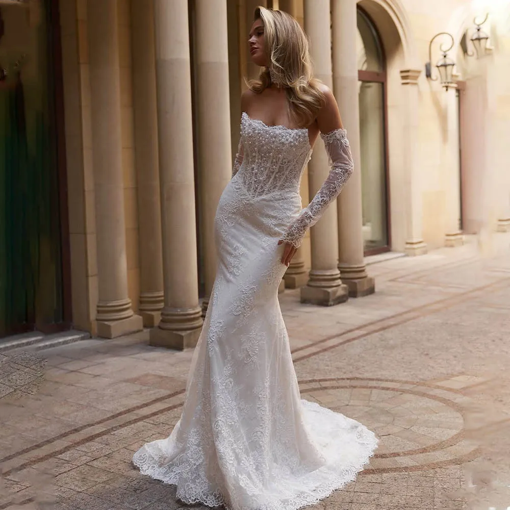 

Съемные длинные рукава с овальным вырезом и длинными рукавами, кружевные свадебные платья русалки на заказ, 2026 Vestido De Noival