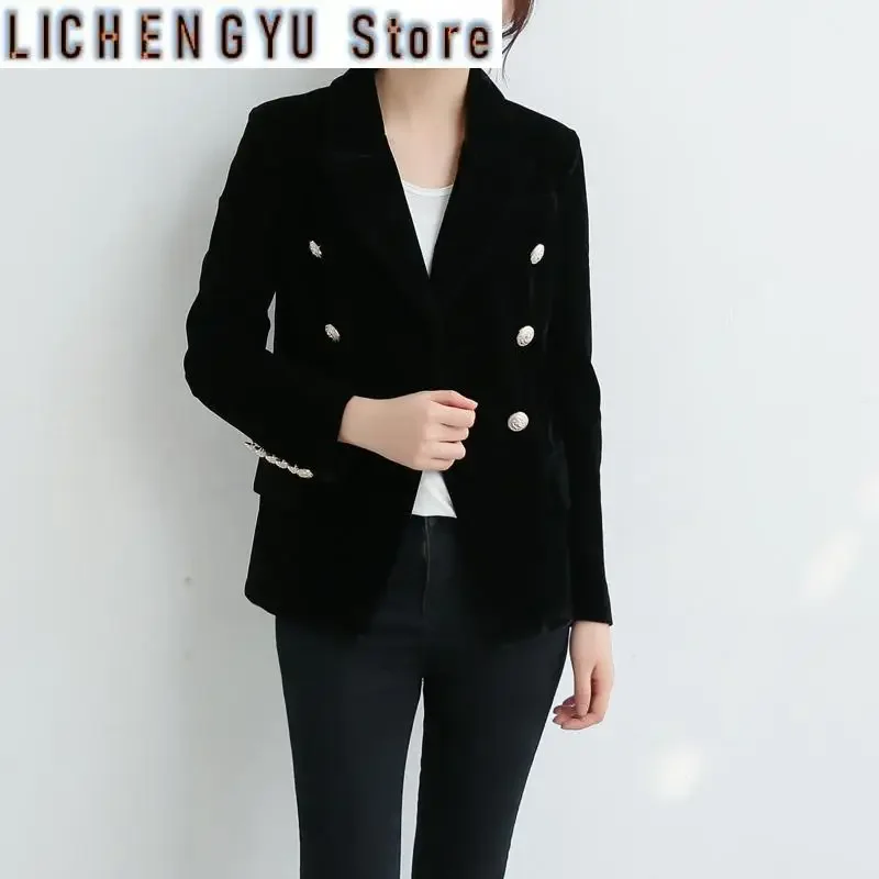 Fashion Brand Spring Women Slim Velvet Blazer Jacket Double Breasted Simple Lady Blazers High Grade OL Clothing