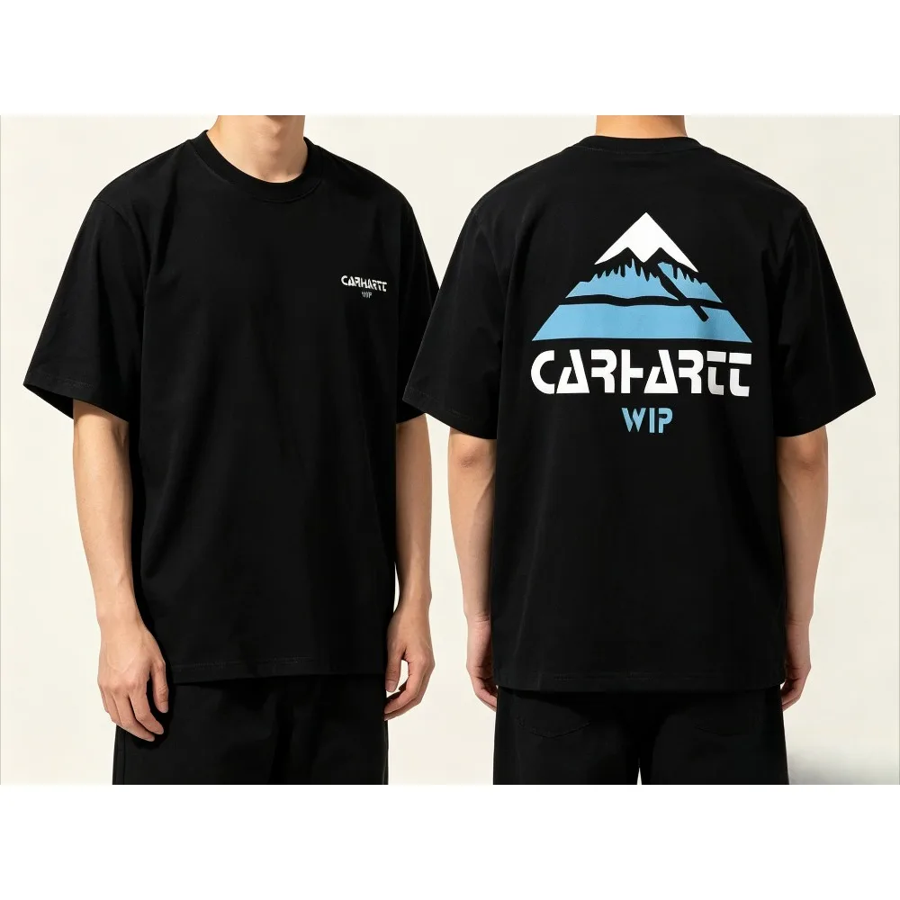 Triangle Snow Mountain Dual Side Print Men T Shirt Outdoor Camping Cotton Loose Casual Street Short Sleeve Tee