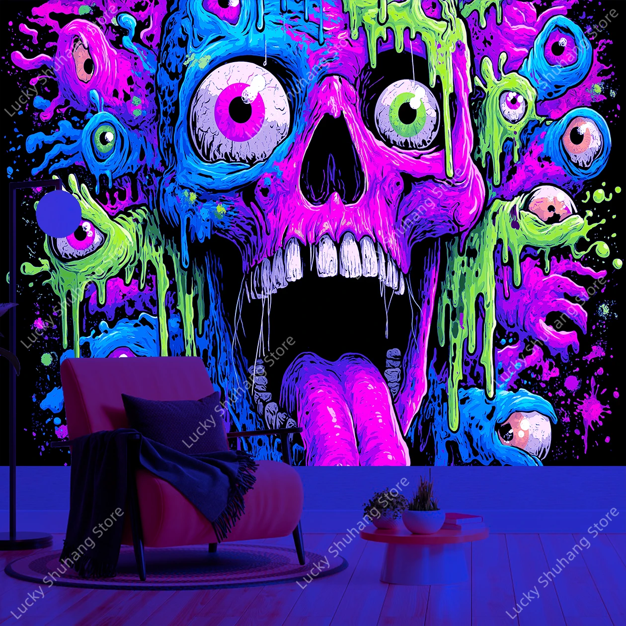 Vibrant Psychedelic Skull UV Tapestry with Neon Pink Blue Colors and Floating Eyeballs for Bold Music Festival Room Wall Decor