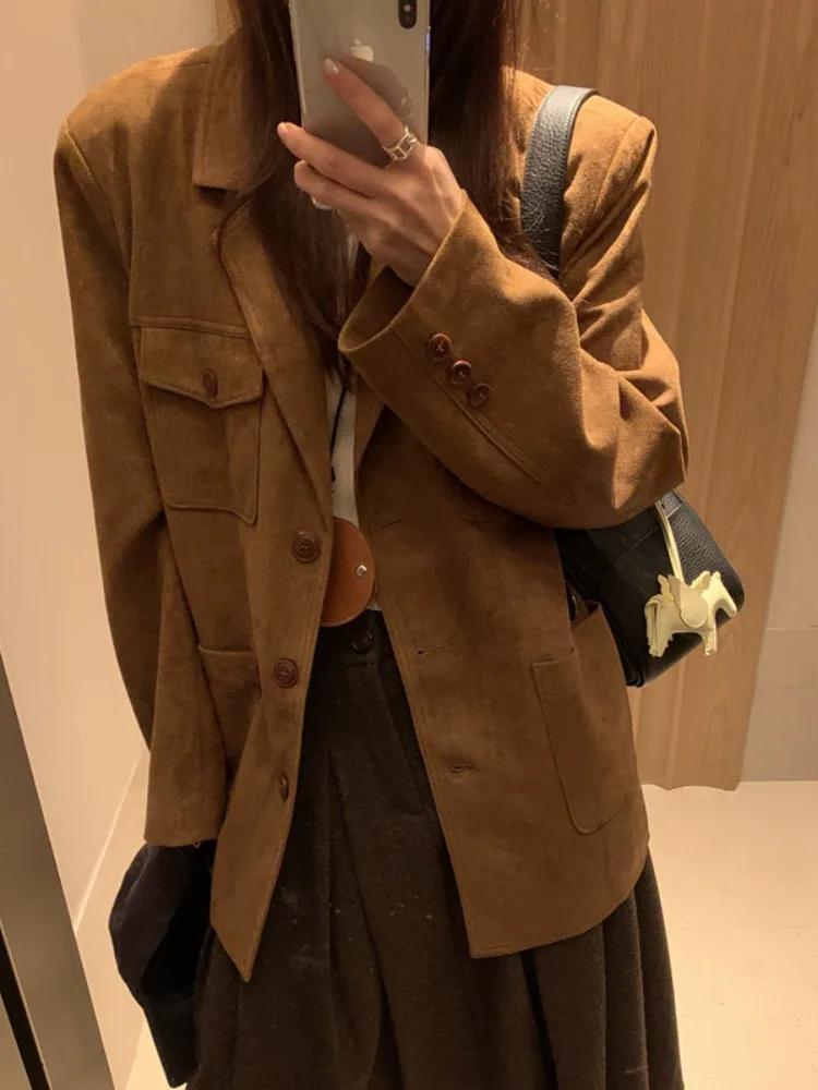 

Retro Sle Women's Velvet Suit Jaet with Multiple kets Versatile Autumn New Arrival Faionable Commute Long Sve