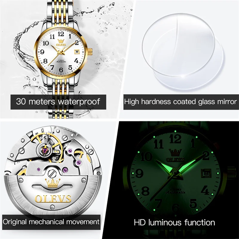 OLEVS Brand Fashion Watches For Women Ladies Luxury Stainless Steel Dress Automatic Mechanical Watch Waterproof Reloj Mujer