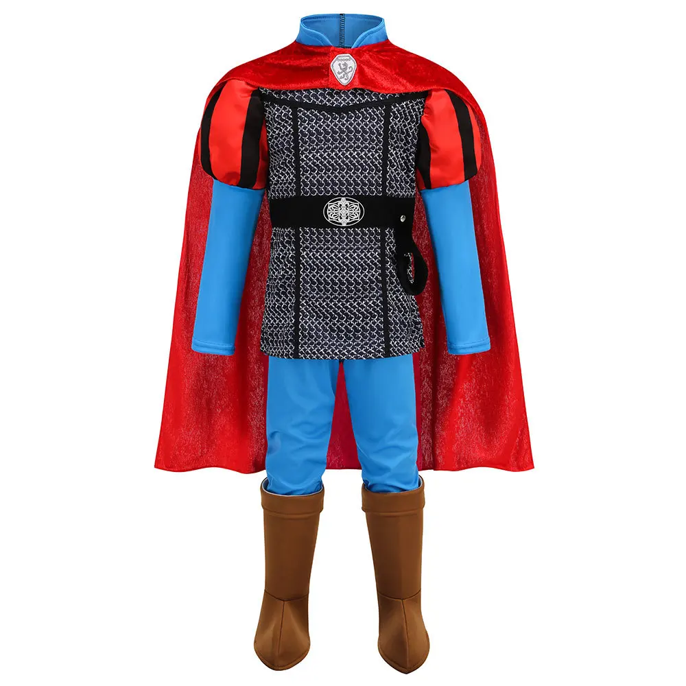Boys Medieval Knight Costume with Red Cape Chainmail Vest Blue Tunic Pants Boot Covers Kids Prince Cosplay Outfit for Halloween