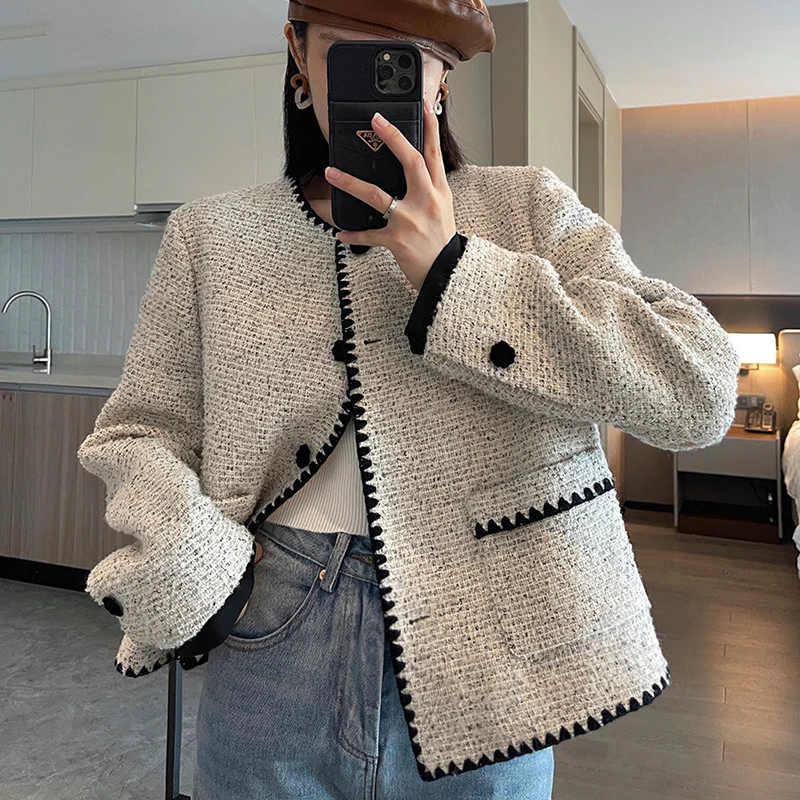 Elegant Cropped Tweed Jackets Women Vintage Short Coats Autumn Winter Office Lady Korean Streetwear Fashion Outerwear Tops New