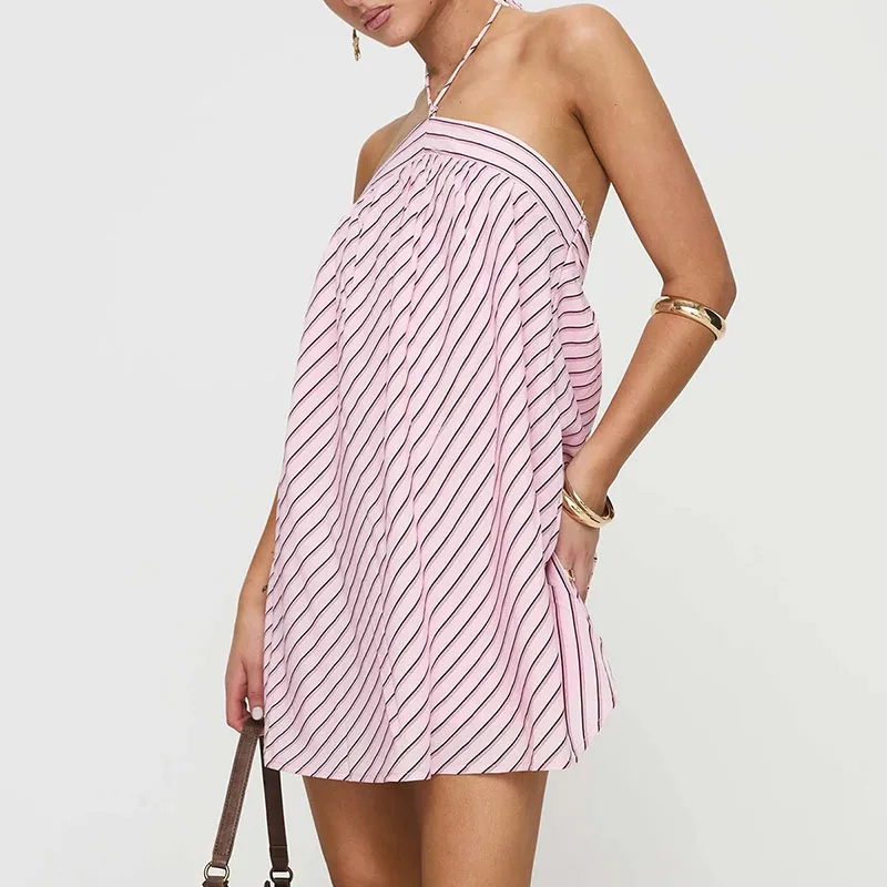 New Sexy Backless Lace Up Party Dresses Woman Chic Stripe Print Halter Mini Dress Summer Casual Sleeveless Hollow Out Boho Dress