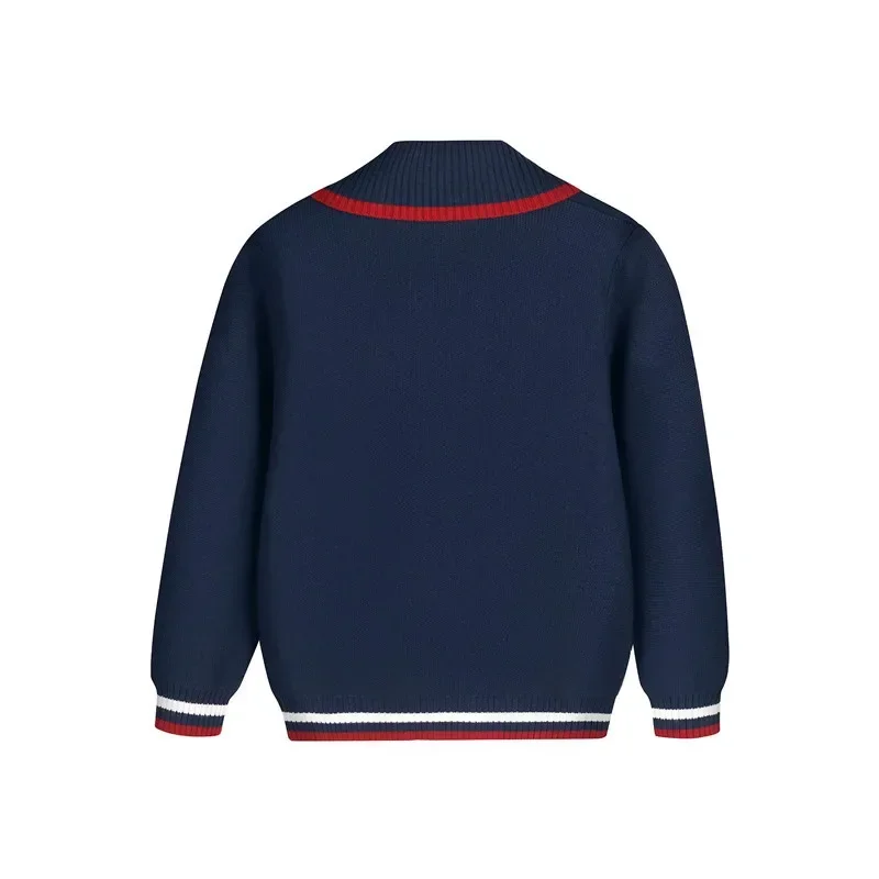 Spring Autumn Children Navy Blue Sweaters for Big Girls Boys Cotton Knitted Cardigans Coat England Style Double Breasted Uniform