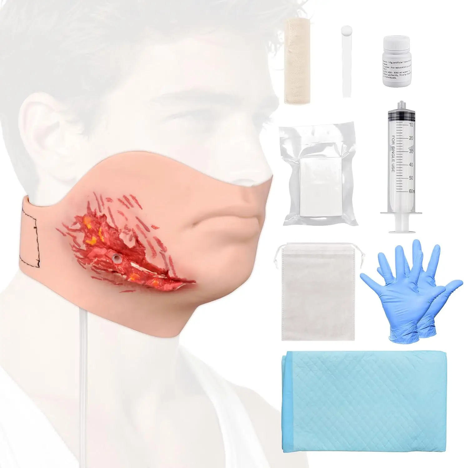 Wearable Lower Jaw Laceration Wound Model Facial Bleeding Control Trainer Kit Wound Packing for Medical Student First Aid Train
