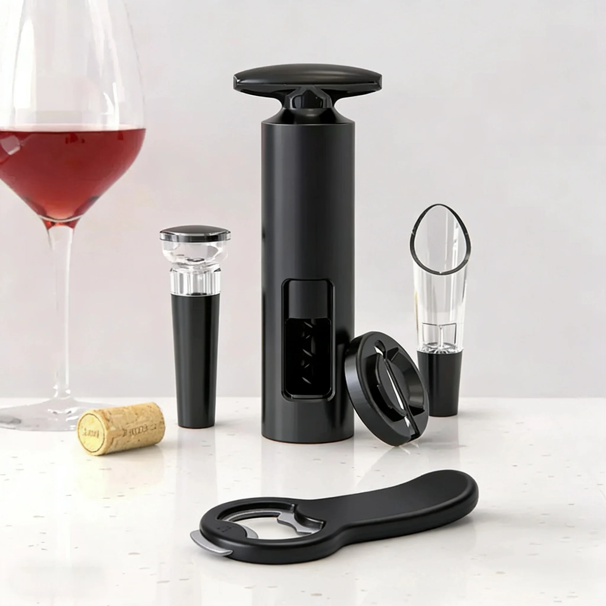 

5-piece manual bottle opener set, beer magnetic bottle opener, cork drill, cork, infuser, and foil cutter, used for bar parties