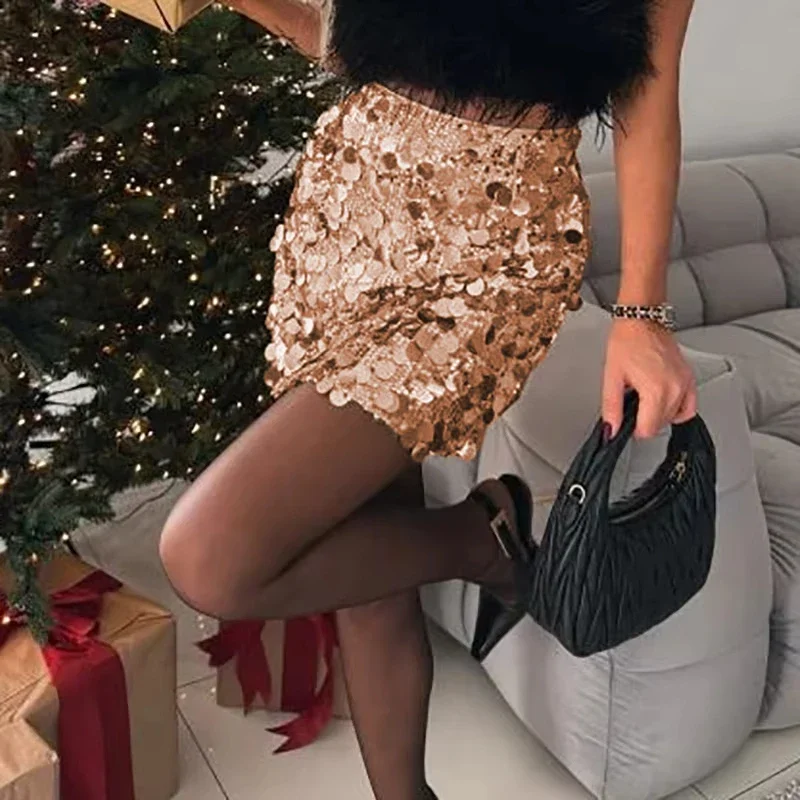 Sexy Shiny Sequin Short Skirt Women Elegant Slim High Waist Skirt Women Fashion Solid Color Club Party Dress