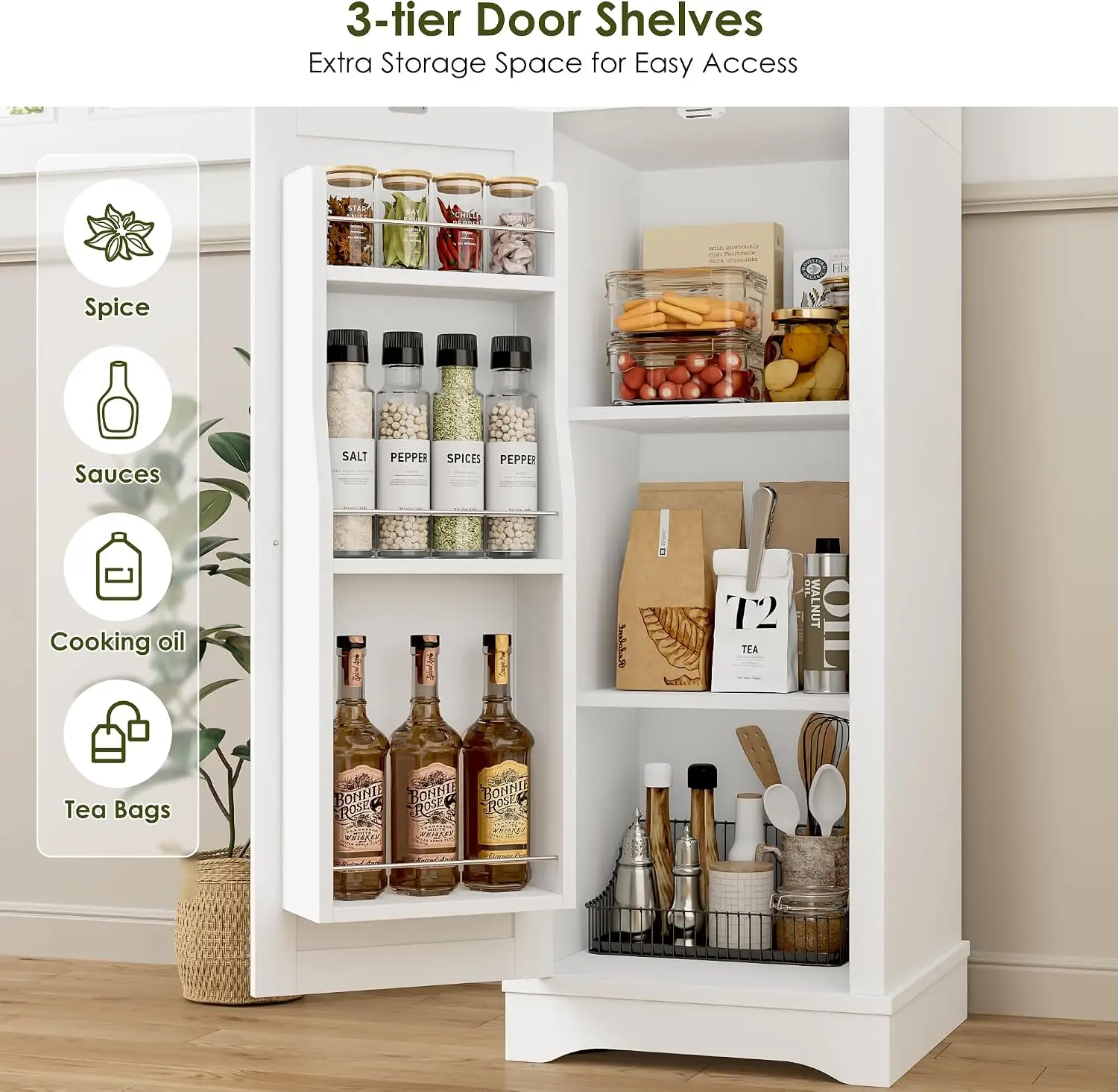 Tall Narrow Storage Cabinet With Reversible Doors Small Kitchen Pantry Cabinet Adjustable Shelves Spice Rack Slim Storage Organizer For Bathroom Living Room Entryway White - view 4