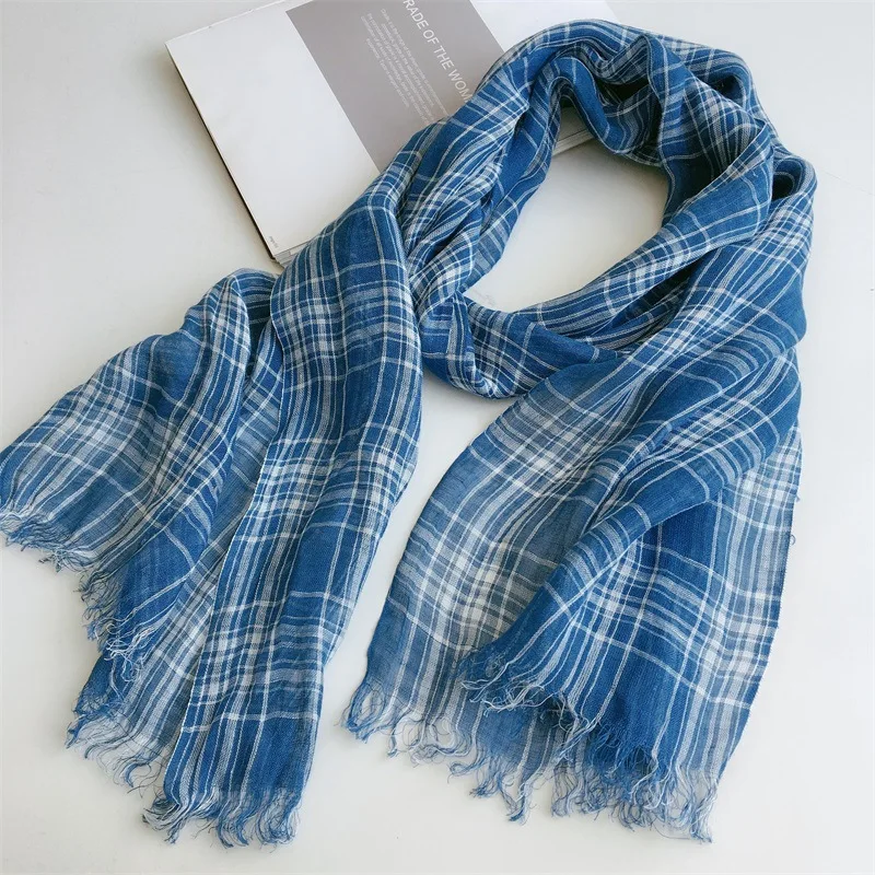 Spring/Summer Delicate And Pretty Blue Plaid Linen Scarf