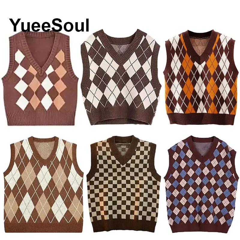 Argyle Sweater Vest Brown Sleeveless Pullover Knitted Waistcoat 2025 Autumn New Y2K Vintage High Street Women's Vests Outerwear