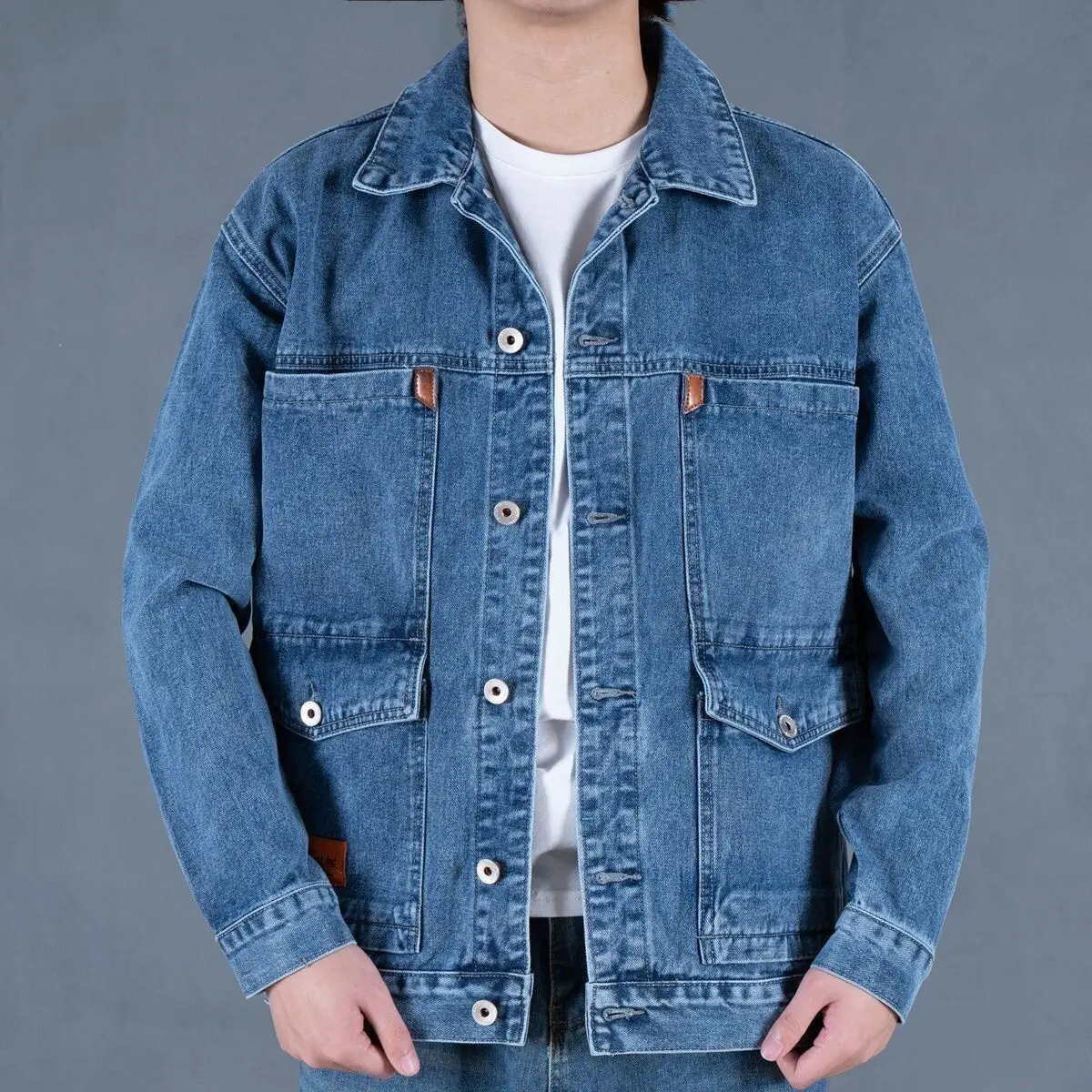 Spring Autumn Men's Casual Denim Jacket Trendy Youth Collarless Long Sleeve Loose Fit Workwear Style Versatile Fashionable Top