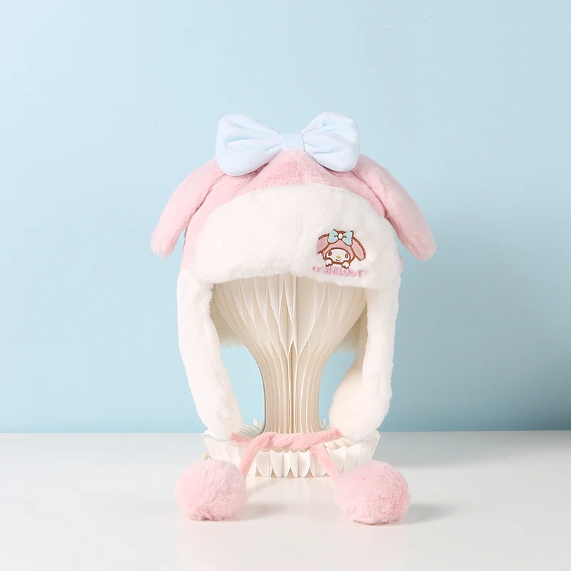 Kawaii sanrio periféricos minha melodia kuromi cinnamoroll dos desenhos animados inverno pelúcia chapéu à prova de vento menina saindo chapéu de proteção de ouvido