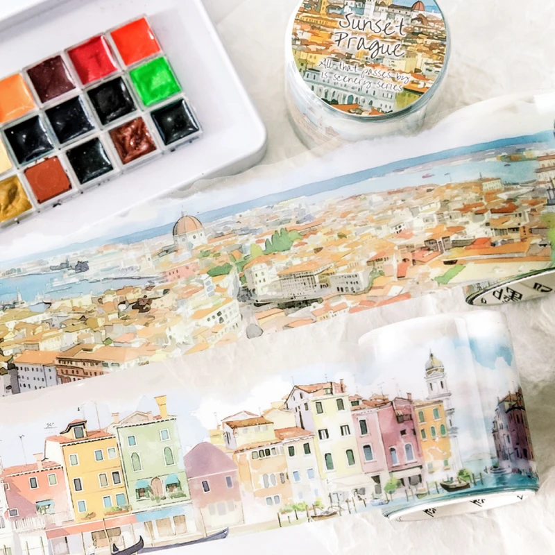 200cm/roll Waterproof PET Tape Sticker Passing By Scenery Series Travel City Fengxian Architecture Drawings Handbook Decoration