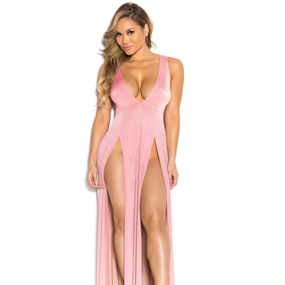 

Summer Women Sexy Mini Prom Dress Ladies Solid Deep V-Neck Split Sleeveles Party Floor-Length Bandage Slim Bodycon Party Dresses