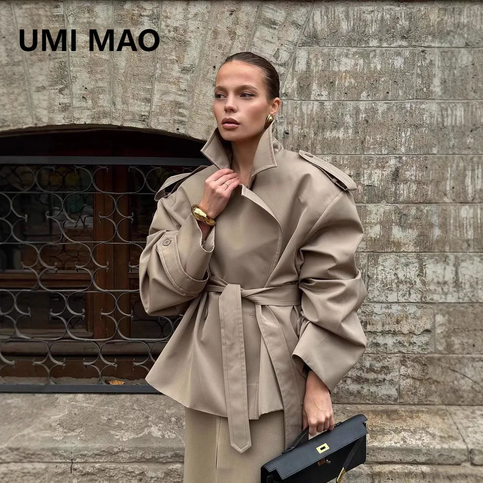 

UMI MAO Короткая ветровка цвета хаки с лацканами и длинными рукавами на шнуровке, европейско-американский модный темпераментный плащ высокого класса