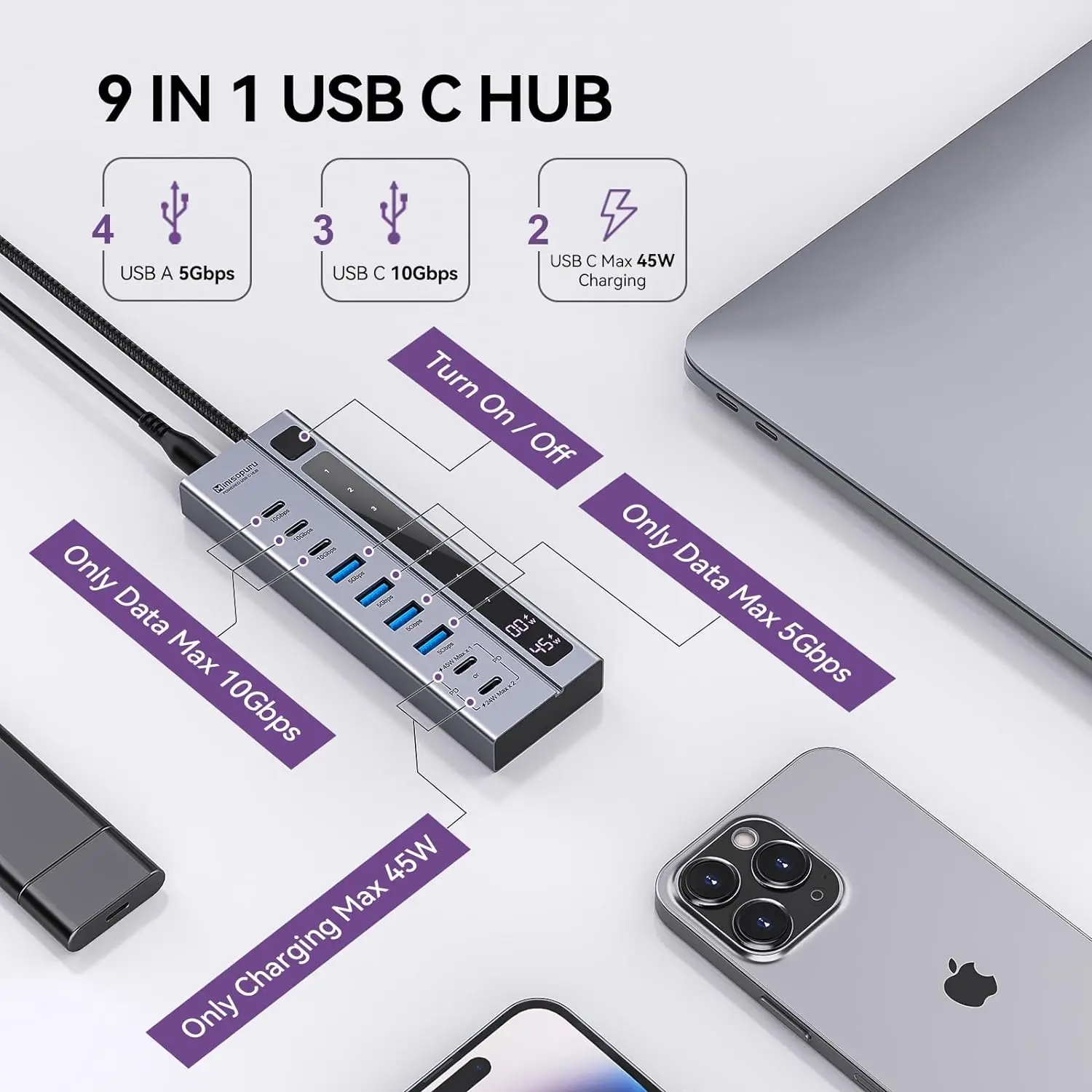 Imagem -02 - Minisopuru-powered Usb c Hub Adaptador de Energia 72w 10gbps Dados Usb 45w Portas de Carregamento para Macbook Imac Ipad Phone Usbc Splitter