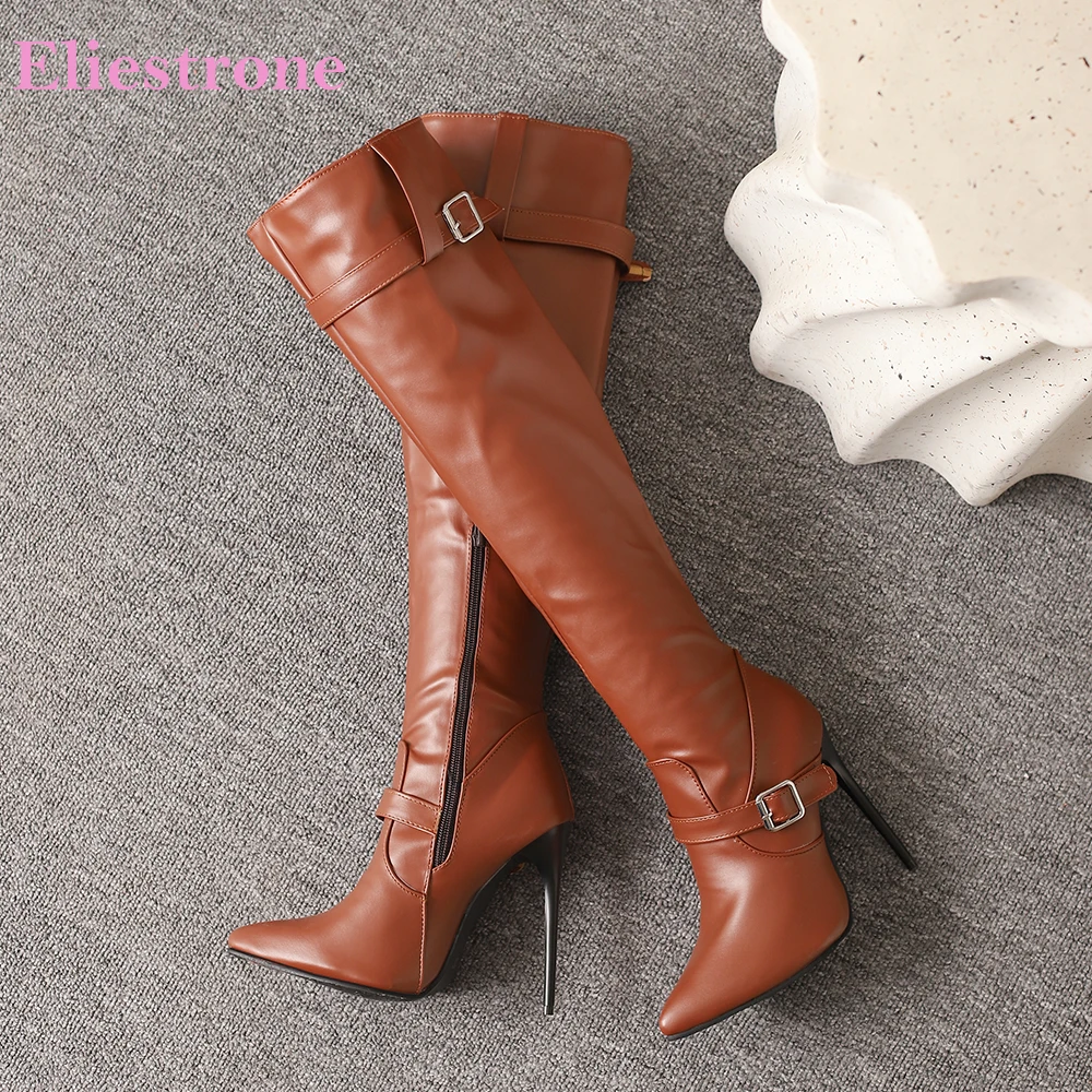 

2025 Новые зимние гламурные коричневые черные женские сапоги выше колена, популярные женские туфли на высоком тонком каблуке, большие размеры 10, 42, 45 48