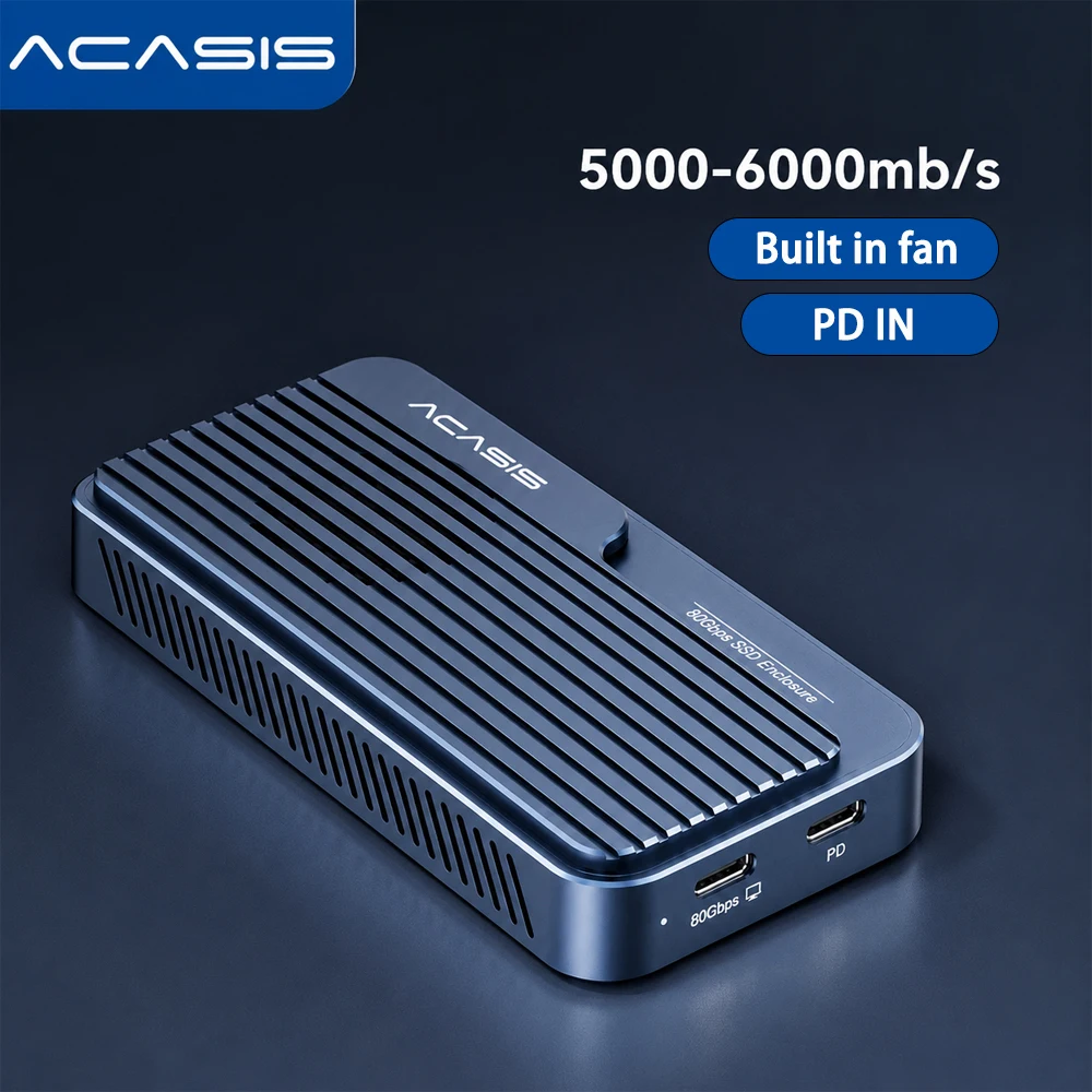 Acasis USB4 V2 80Gbps M.2 NVMe SSD Enclosure with Fan, PCIe 5.0 SSD 8TB Case for Thunderbolt 5/4, JHL9480 RTL9210 for Mac/Window