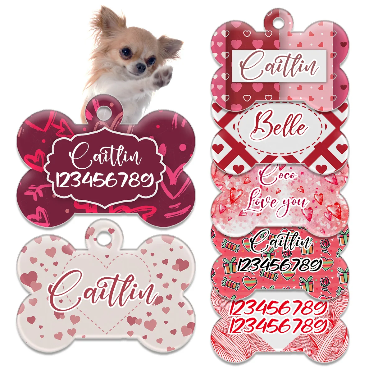 Personalized Cat Dog ID Tag with hearts Print for Custom Pets Collar Anti-Lost Charm Valentine's Day Celebration Pendant