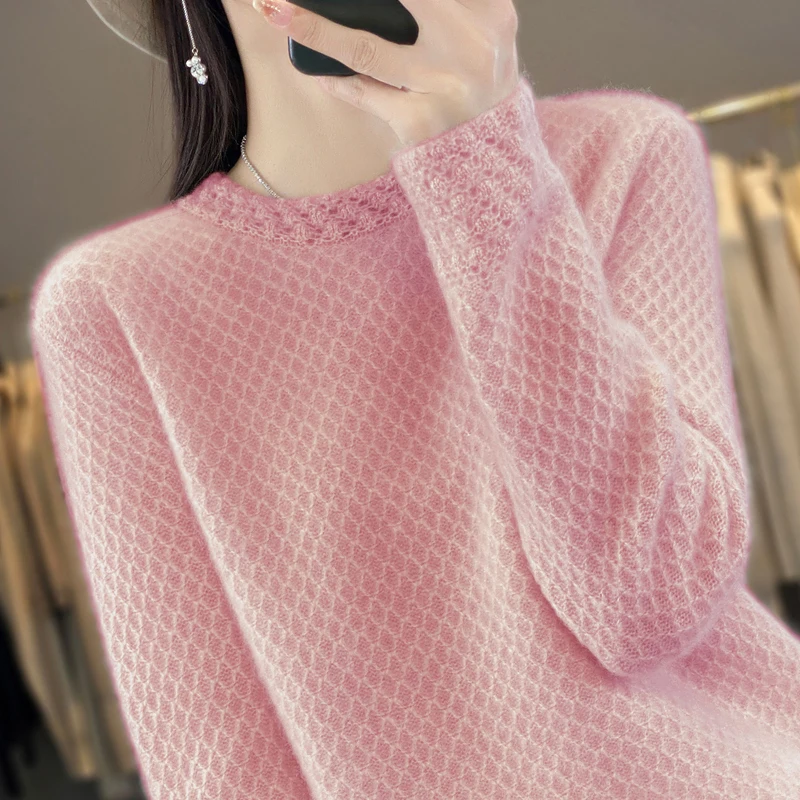 

Women 100% Merino Wool Fashion 3D Collar Flower Long Sleeves Sweater Solid Color Pullover Cashmere Gentle Warm Soft Clothing Top