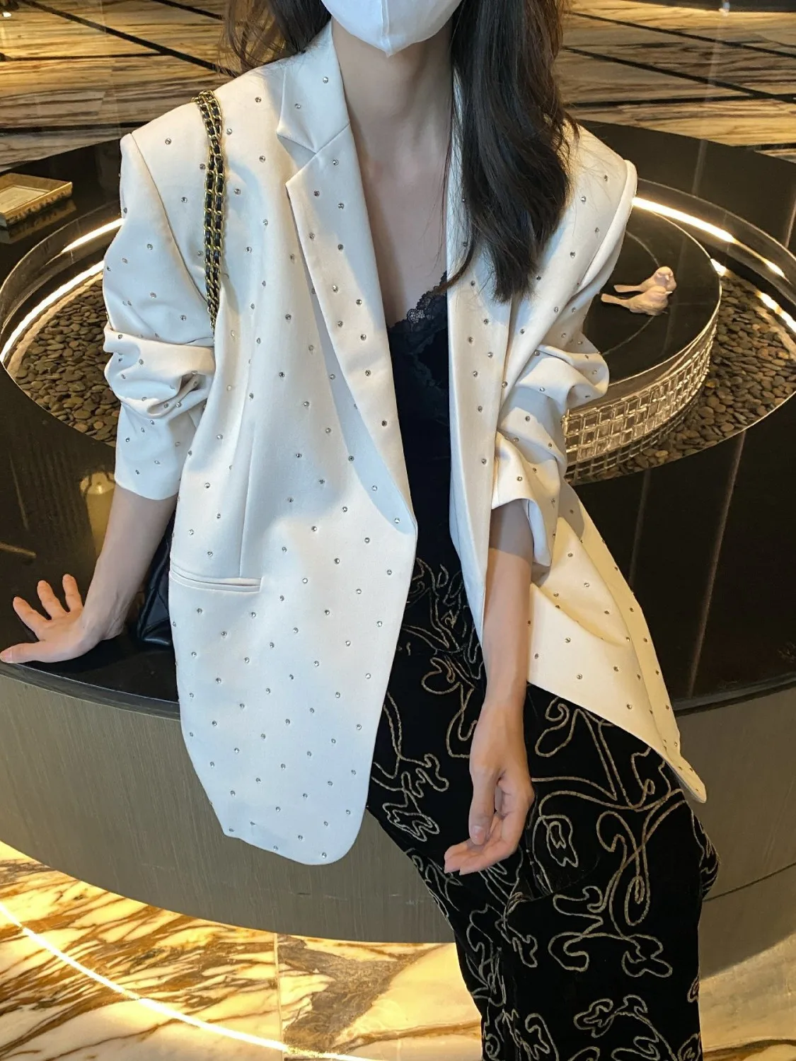 Hot Drilling Feminine Suits Jackets 2023 New Spring Autumn All-match Full Diamonds Long Sleeve Outwear Mid-long Blazers Coat