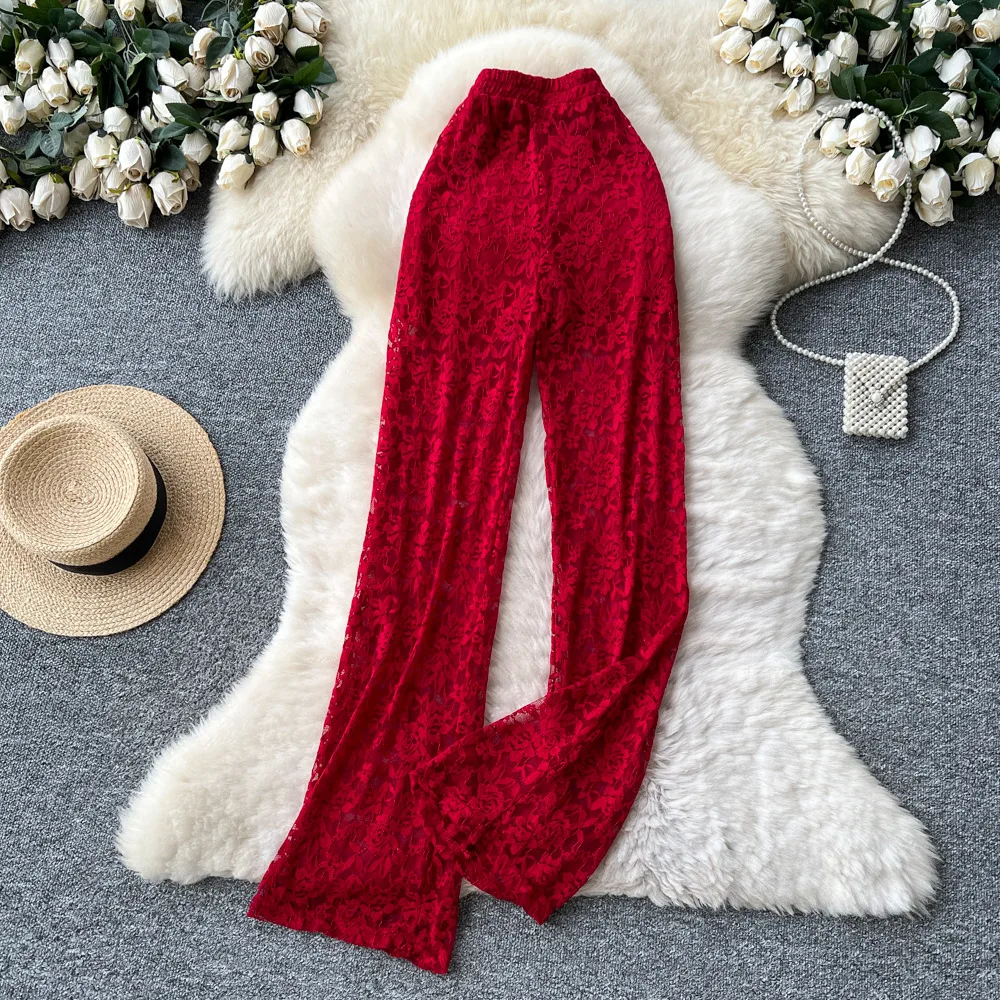 مضيئة بانت المرأة السراويل الطويلة سليم صالح الدانتيل الأزهار مثير عالية الخصر مستقيم بنطلون Y2k الشارع الشهير العمل الأنيق الخريف عادية #2