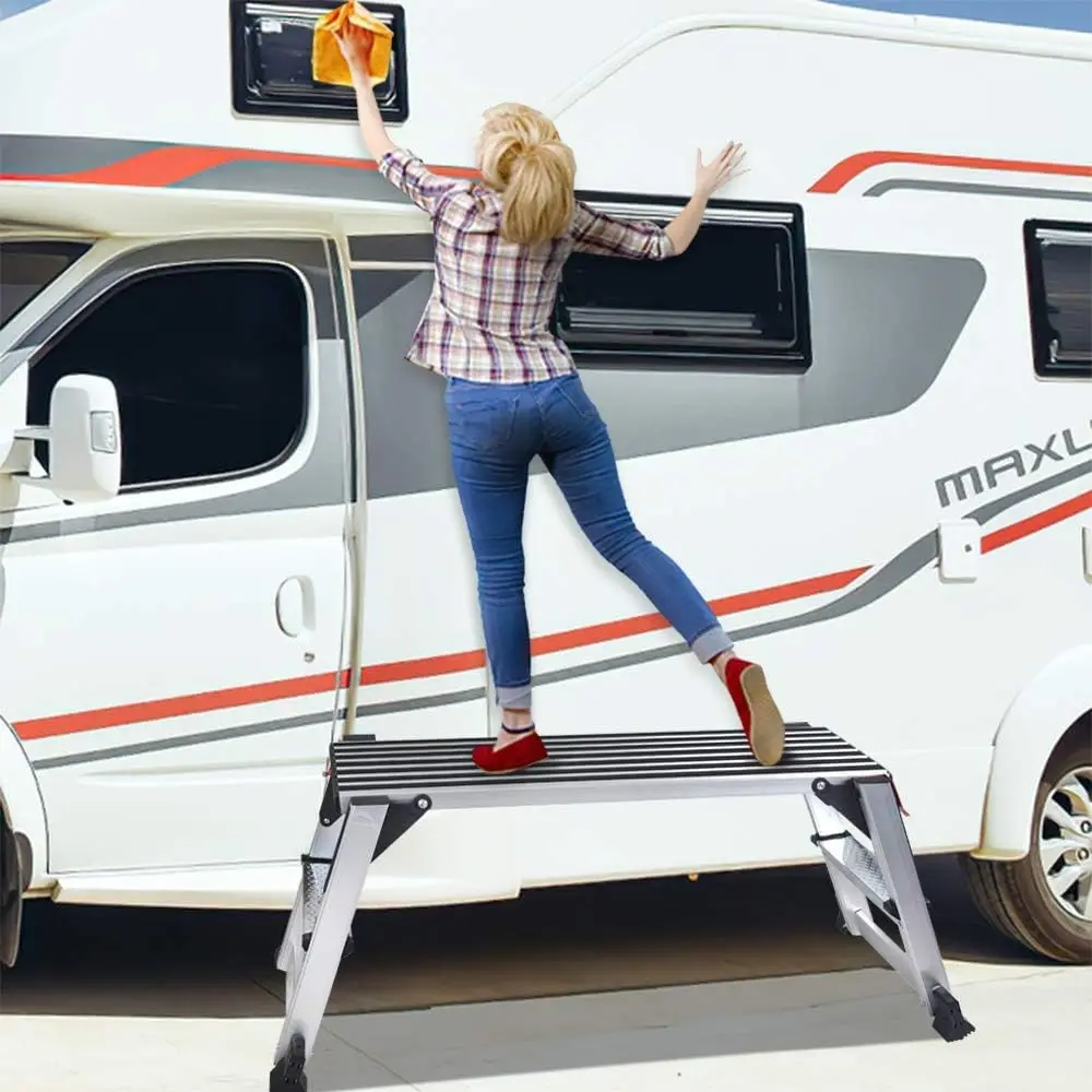 منصة عمل من الألومنيوم مقعد كبير الحجم قابل للطي مقعد عمل محمول مع حصيرة غير قابلة للانزلاق سعة 660 رطل شديدة التحمل #5