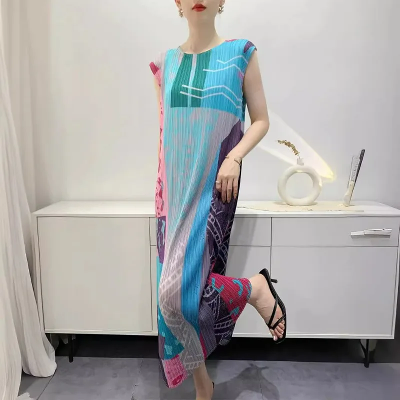 

Miyake 2024 Summer New Product Printed Dress Women's Folded Mid Length Comfortable Leisure Holiday Style Leisure Slimming