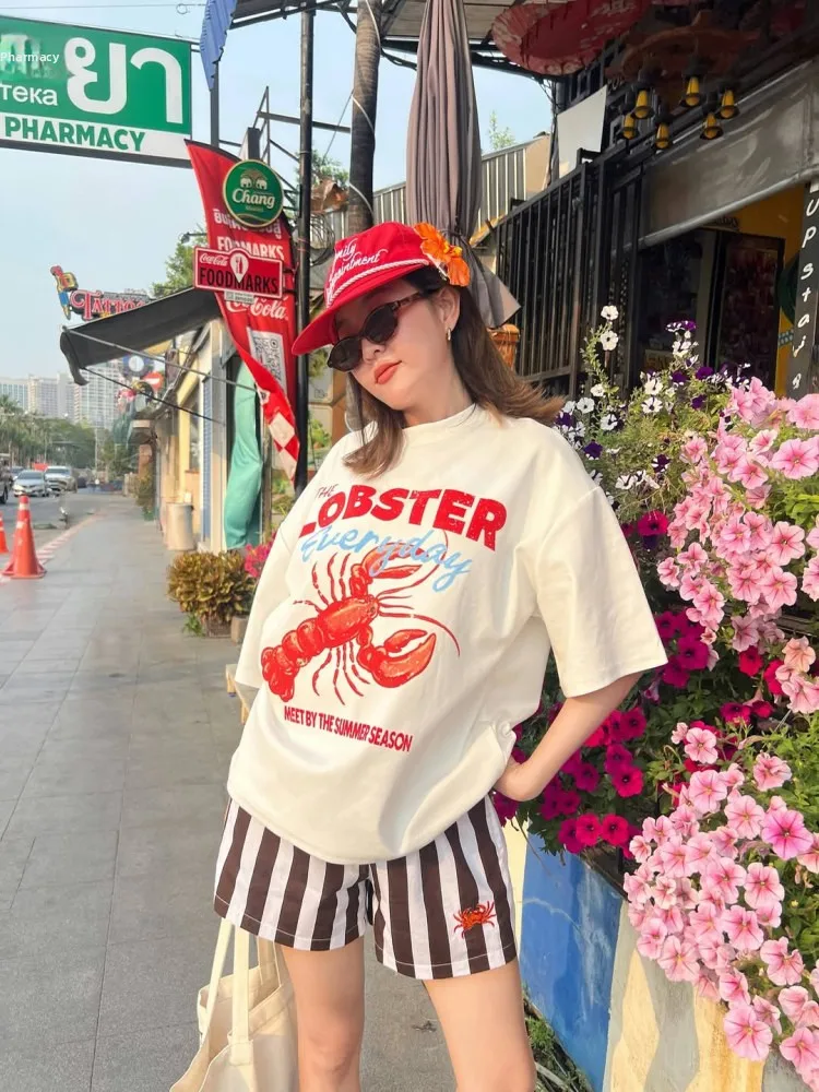 JHYF American Retro Oversize Design Lobster Print Spicy Girl Short Sleeve Women's T-shirt Street Style Cotton Summer Fashion