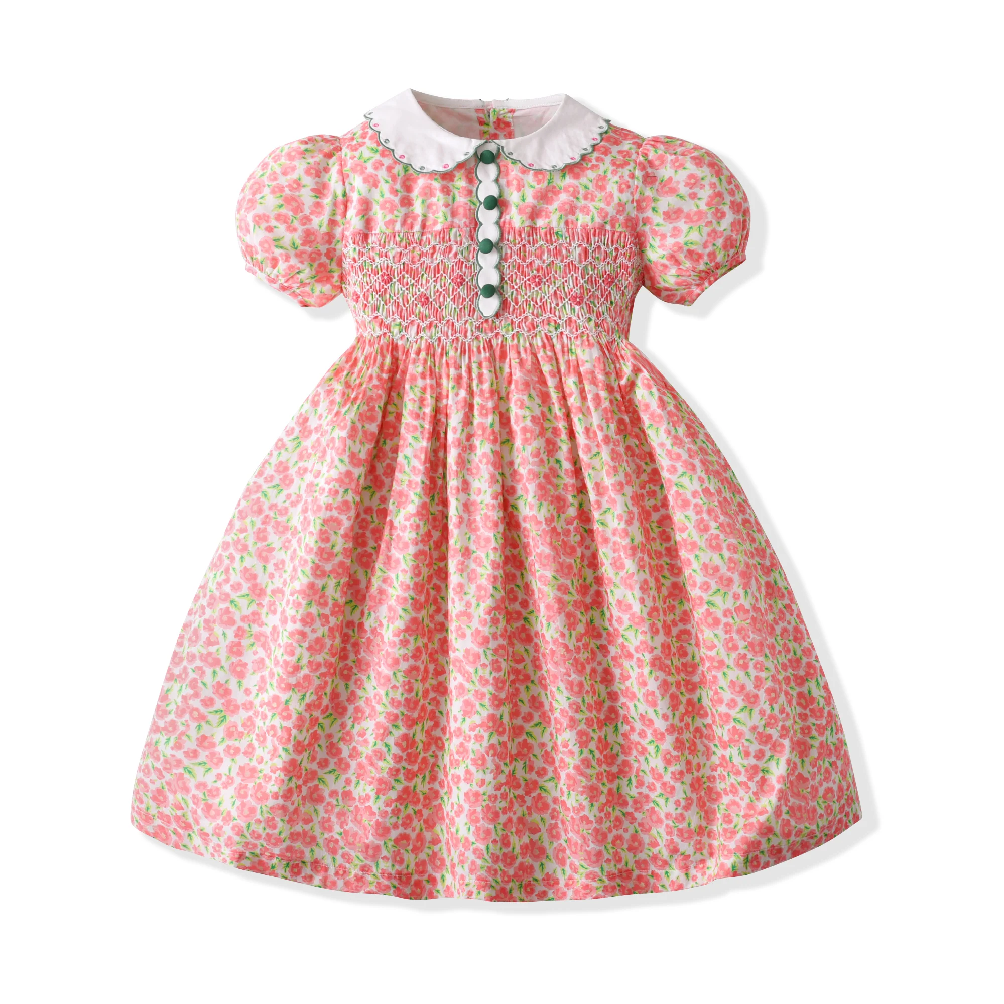 Vintage Style Red Floral Girl Embroider Smocked Children Girl Dress Summer Short Sleeves Boutique Clothing Dresses For Party